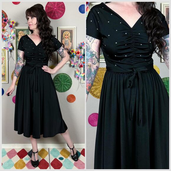 Vintage Dresses & Skirts - Vintage 1970s Black Short Sleeve Rhinestone Cocktail Dress